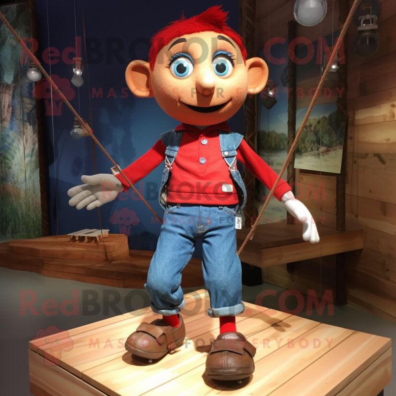 Red Tightrope Walker mascot costume character dressed with a Denim Shorts and Necklaces