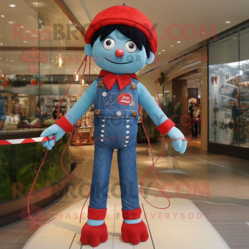 Red Tightrope Walker mascot costume character dressed with a Denim Shorts and Necklaces