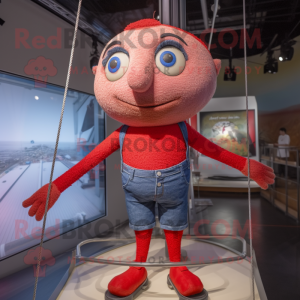 Red Tightrope Walker mascot costume character dressed with a Denim Shorts and Necklaces