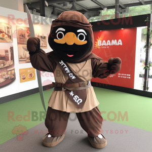 Brown Samurai mascot costume character dressed with a Trousers and Bow ties