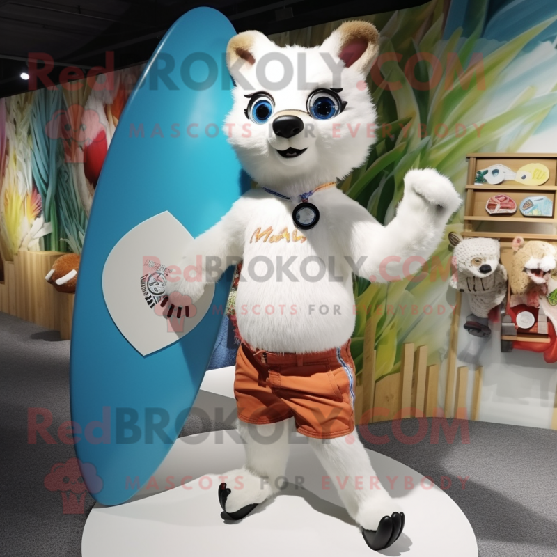 White Marten mascot costume character dressed with a Board Shorts and Brooches White Marten mascot costume character dressed with a Board Shorts and Brooches
