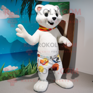 White Marten mascot costume character dressed with a Board Shorts and Brooches