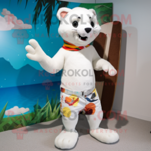 White Marten mascot costume character dressed with a Board Shorts and Brooches