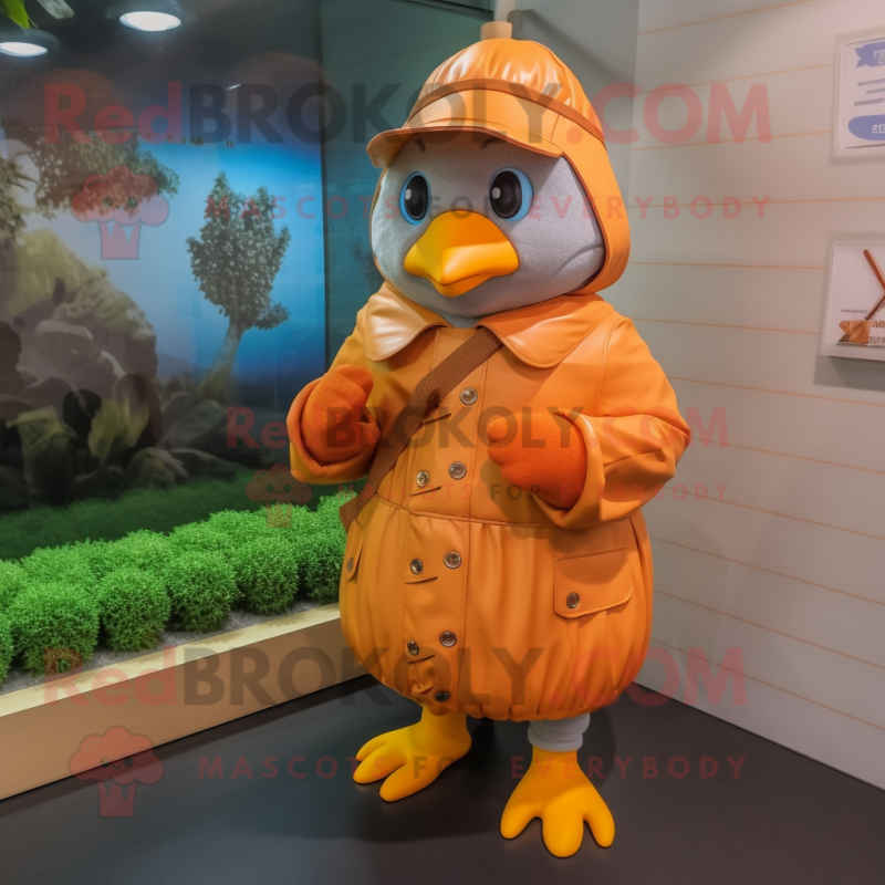 Peach Quail mascot costume character dressed with a Raincoat and Beanies