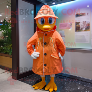 Peach Quail mascot costume character dressed with a Raincoat and Beanies