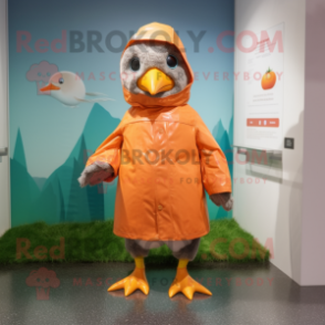 Peach Quail mascot costume character dressed with a Raincoat and Beanies