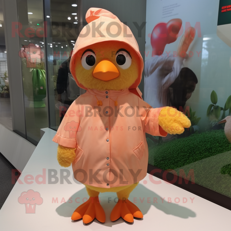 Peach Quail mascot costume character dressed with a Raincoat and Beanies Peach Quail mascot costume character dressed with a Raincoat and Beanies