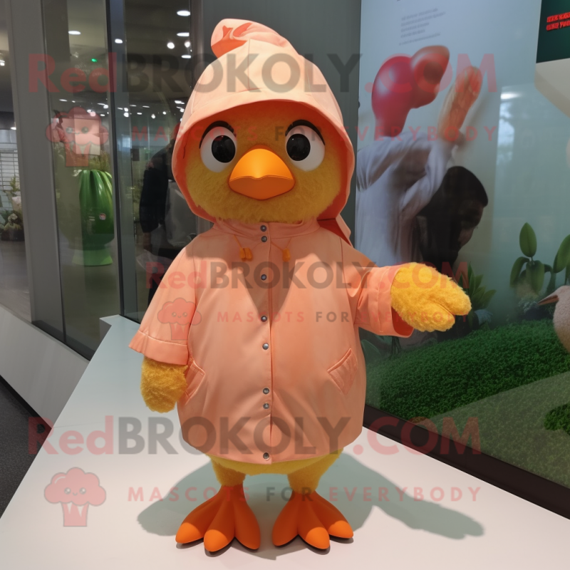 Peach Quail mascot costume character dressed with a Raincoat and Beanies