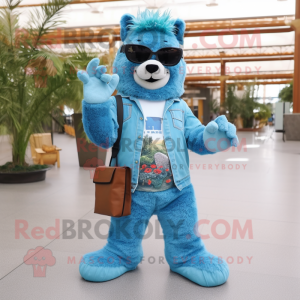 Cyan Beaver mascot costume character dressed with a Boyfriend Jeans and Eyeglasses