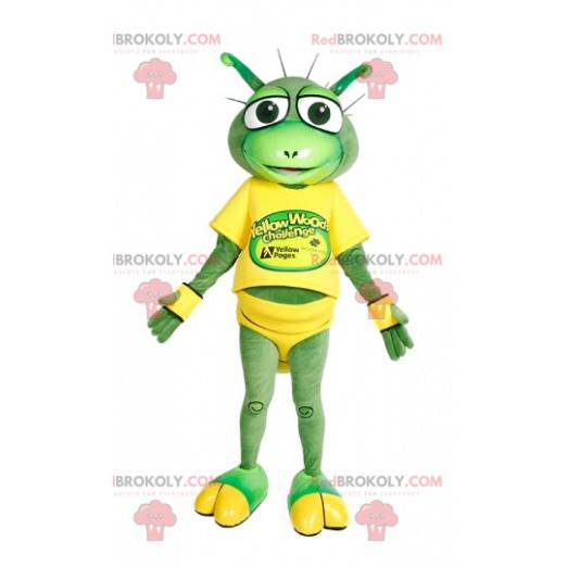 Mascotte de sauterelle en tenue de course jaune - Redbrokoly.com