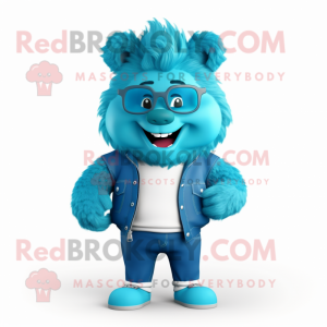 Cyan Beaver mascot costume character dressed with a Boyfriend Jeans and Eyeglasses