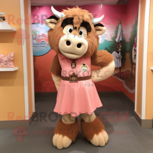 Peach Bison mascot costume character dressed with a Shift Dress and Belts