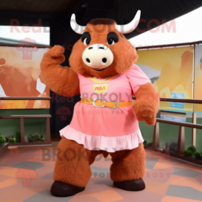 Peach Bison mascot costume character dressed with a Shift Dress and Belts