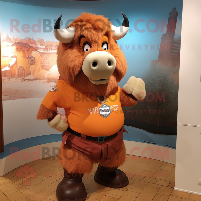 Peach Bison mascot costume character dressed with a Shift Dress and Belts Peach Bison mascot costume character dressed with a Shift Dress and Belts