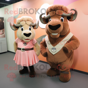 Peach Bison mascot costume character dressed with a Shift Dress and Belts
