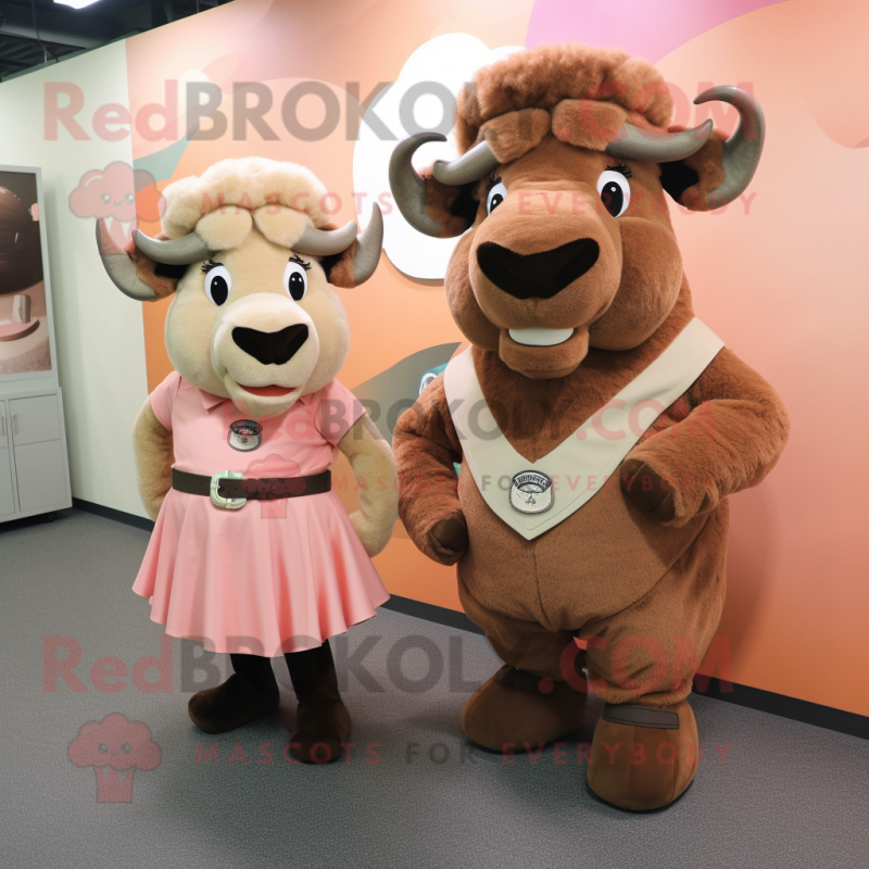 Peach Bison mascot costume character dressed with a Shift Dress and Belts Peach Bison mascot costume character dressed with a Shift Dress and Belts