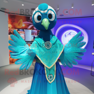 Turquoise Peacock mascot costume character dressed with a Bodysuit and Shawls