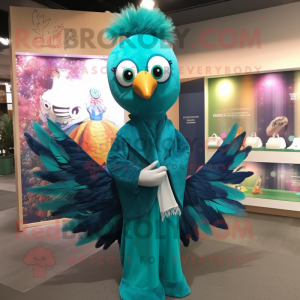 Turquoise Peacock mascot costume character dressed with a Bodysuit and Shawls