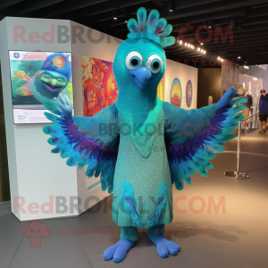 Turquoise Peacock mascot costume character dressed with a Bodysuit and Shawls