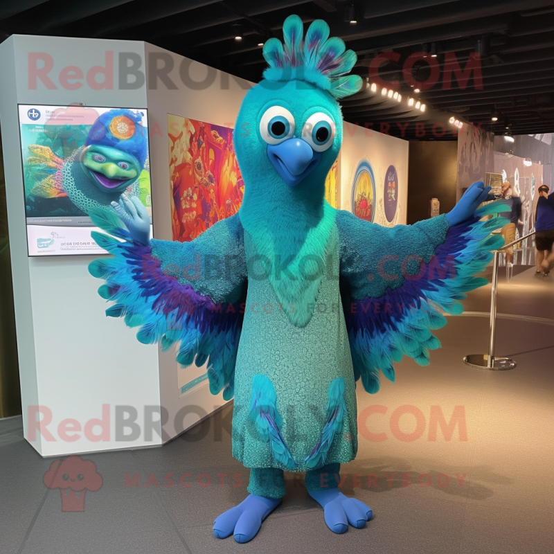 Turquoise Peacock mascot costume character dressed with a Bodysuit and Shawls Turquoise Peacock mascot costume character dressed with a Bodysuit and Shawls