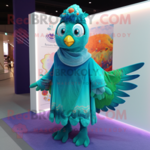 Turquoise Peacock mascot costume character dressed with a Bodysuit and Shawls