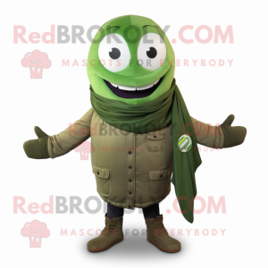 Olive Green Bean mascot costume character dressed with a Bomber Jacket and Scarf clips