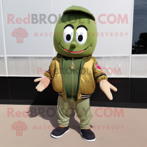 Olive Green Bean mascot costume character dressed with a Bomber Jacket and Scarf clips