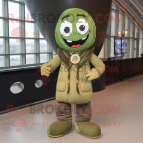 Olive Green Bean mascot costume character dressed with a Bomber Jacket and Scarf clips