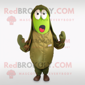 Olive Green Bean mascot costume character dressed with a Bomber Jacket and Scarf clips