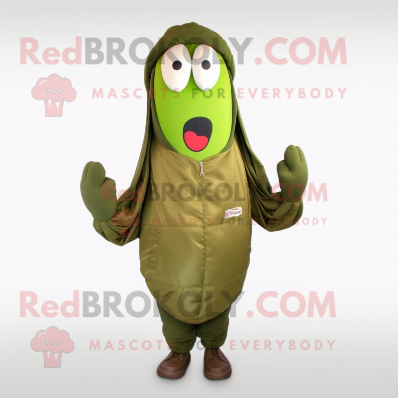 Olive Green Bean mascot costume character dressed with a Bomber Jacket and Scarf clips Olive Green Bean mascot costume character dressed with a Bomber Jacket and Scarf clips