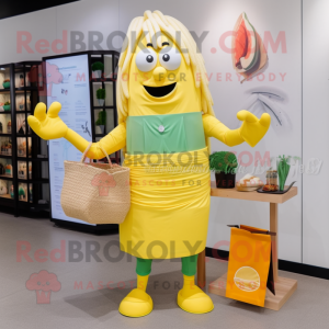 Lemon Yellow Pesto Pasta mascot costume character dressed with a Culottes and Tote bags