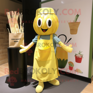 Lemon Yellow Pesto Pasta mascot costume character dressed with a Culottes and Tote bags