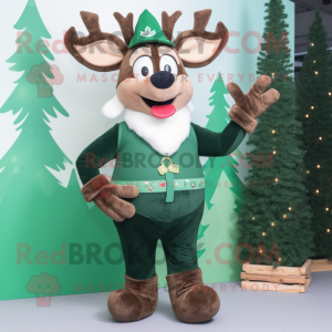 Forest Green Reindeer mascot costume character dressed with a Cardigan and Suspenders