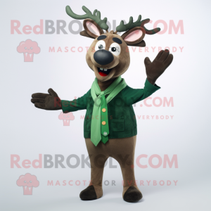 Forest Green Reindeer mascot costume character dressed with a Cardigan and Suspenders