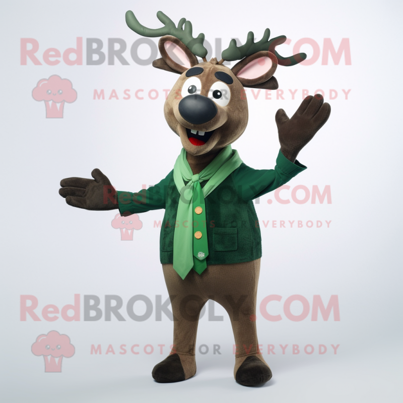 Forest Green Reindeer mascot costume character dressed with a Cardigan and Suspenders Forest Green Reindeer mascot costume character dressed with a Cardigan and Suspenders