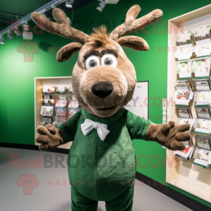 Forest Green Reindeer mascot costume character dressed with a Cardigan and Suspenders