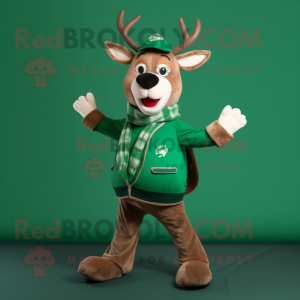 Forest Green Reindeer mascot costume character dressed with a Cardigan and Suspenders