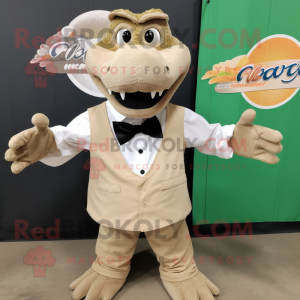 Tan Crocodile mascot costume character dressed with a Button-Up Shirt and Bow ties