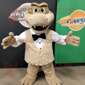 Tan Crocodile mascot costume character dressed with a Button-Up Shirt and Bow ties