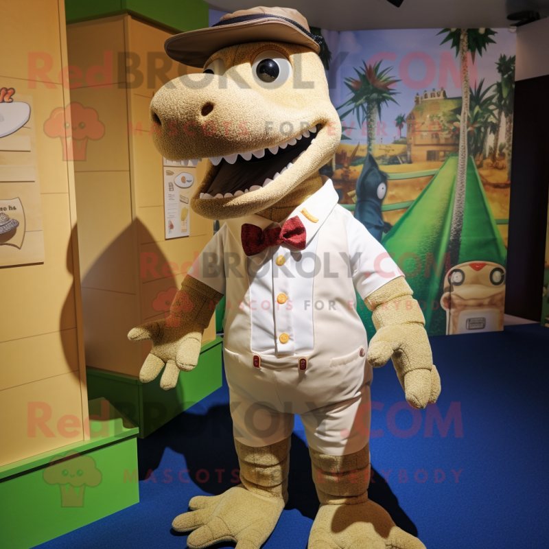 Tan Crocodile mascot costume character dressed with a Button-Up Shirt and Bow ties