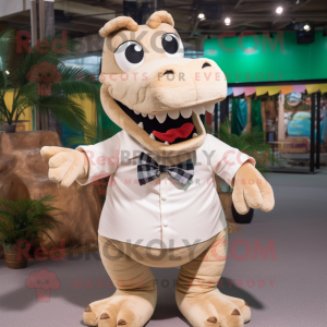 Tan Crocodile mascot costume character dressed with a Button-Up Shirt and Bow ties