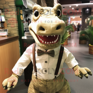 Tan Crocodile mascot costume character dressed with a Button-Up Shirt and Bow ties