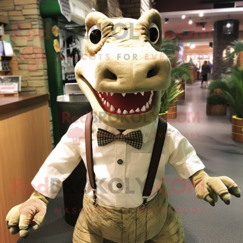 Tan Crocodile mascot costume character dressed with a Button-Up Shirt and Bow ties
