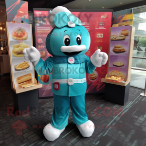 Teal Dim Sum mascot costume character dressed with a Jumpsuit and Lapel pins