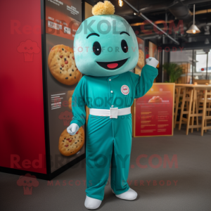 Teal Dim Sum mascot costume character dressed with a Jumpsuit and Lapel pins