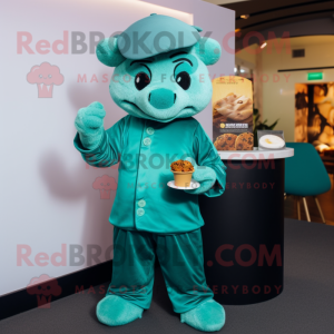 Teal Dim Sum mascot costume character dressed with a Jumpsuit and Lapel pins