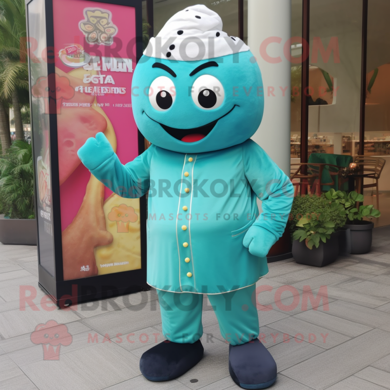 Teal Dim Sum mascot costume character dressed with a Jumpsuit and Lapel pins