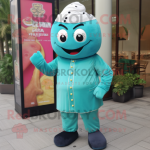 Teal Dim Sum mascot costume character dressed with a Jumpsuit and Lapel pins