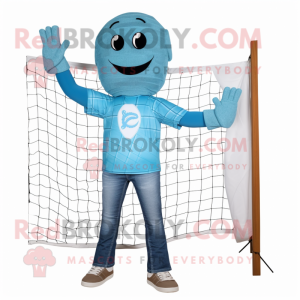 Cyan Volleyball Net mascot costume character dressed with a Bootcut Jeans and Wraps