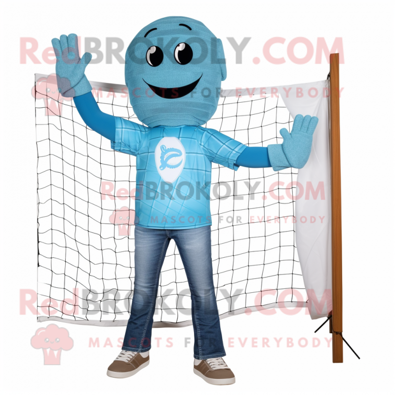 Cyan Volleyball Net mascot costume character dressed with a Bootcut Jeans and Wraps Cyan Volleyball Net mascot costume character dressed with a Bootcut Jeans and Wraps